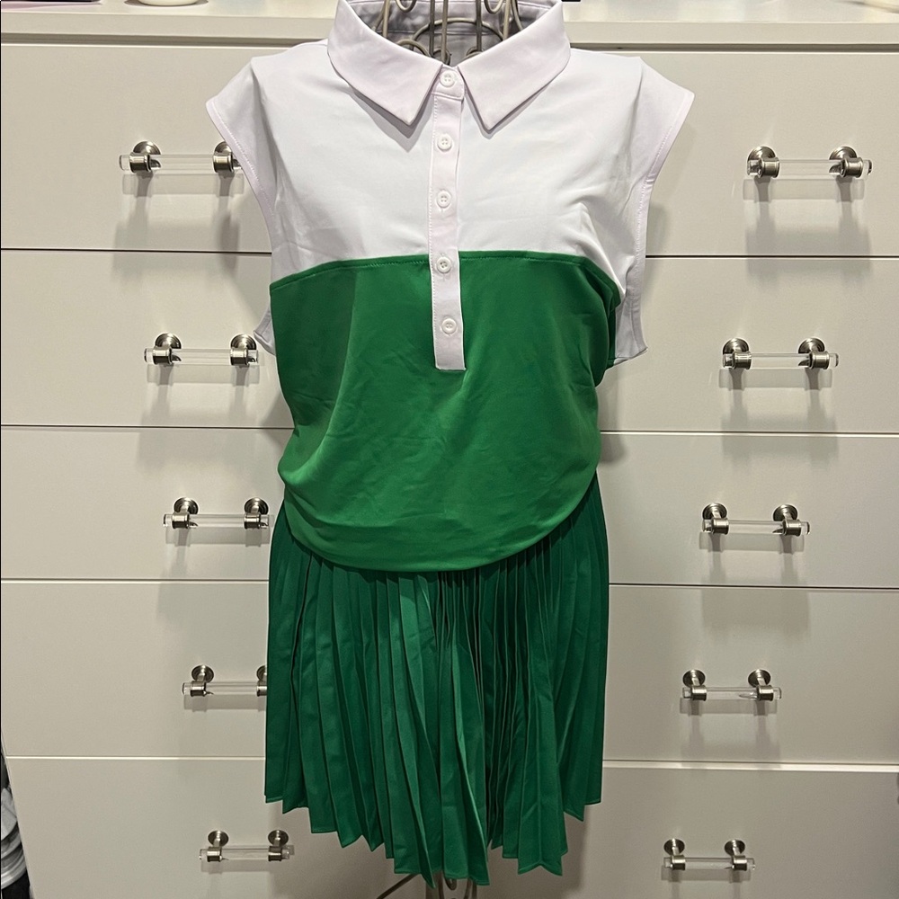Women’s Green and White Sleeveless Polo Dress